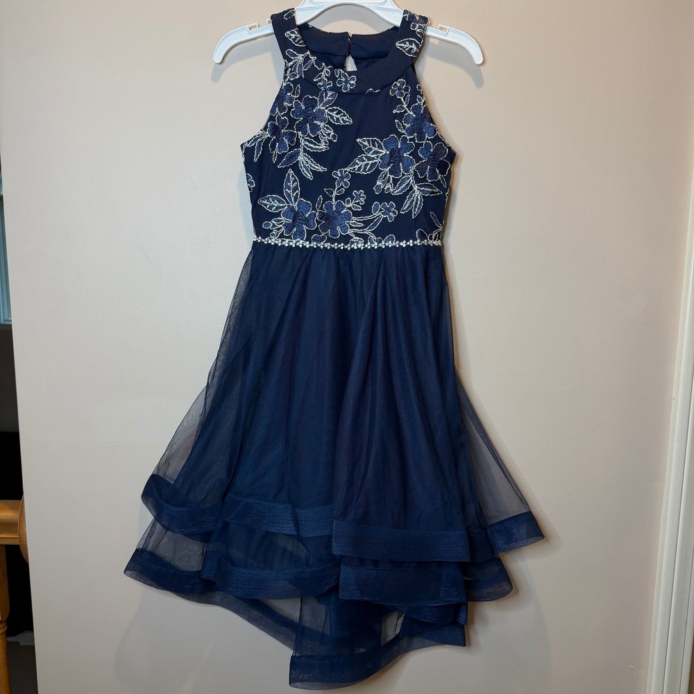 NWT Speechless Kids Navy Blue Floral Embroidered Tulle Hi-Low Dress Girls Size 8